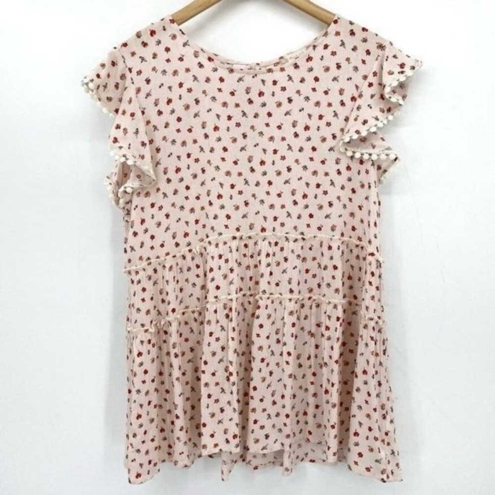 Altar'd State Pink Floral Lightweight Tiered Short Flutter Sleeve Medium Top